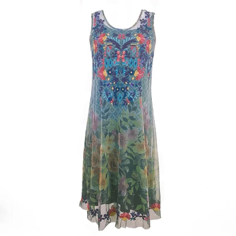 Johnny Was Rhandi Embroidered Printed Mesh Dress - Picture 1 of 13